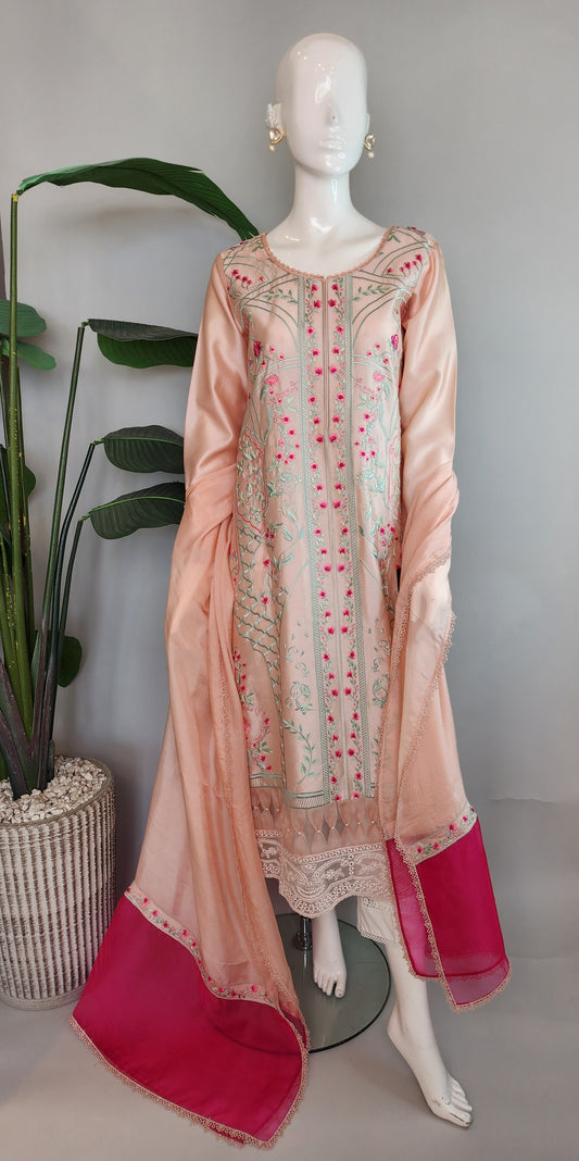 SARAH SHEERAZ - Peach Embroidered