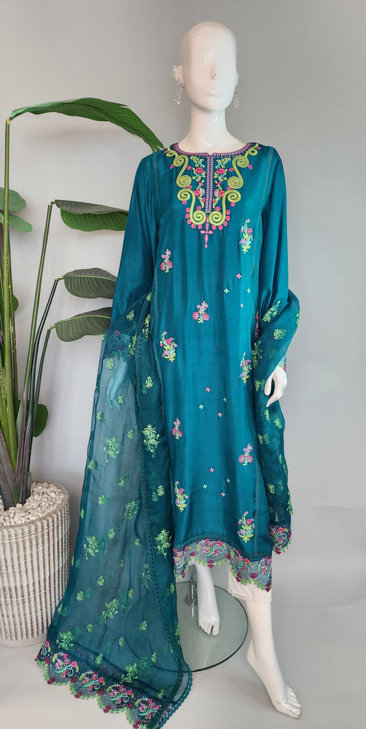 SARAH SHEERAZ - Teal Green with multi color embro