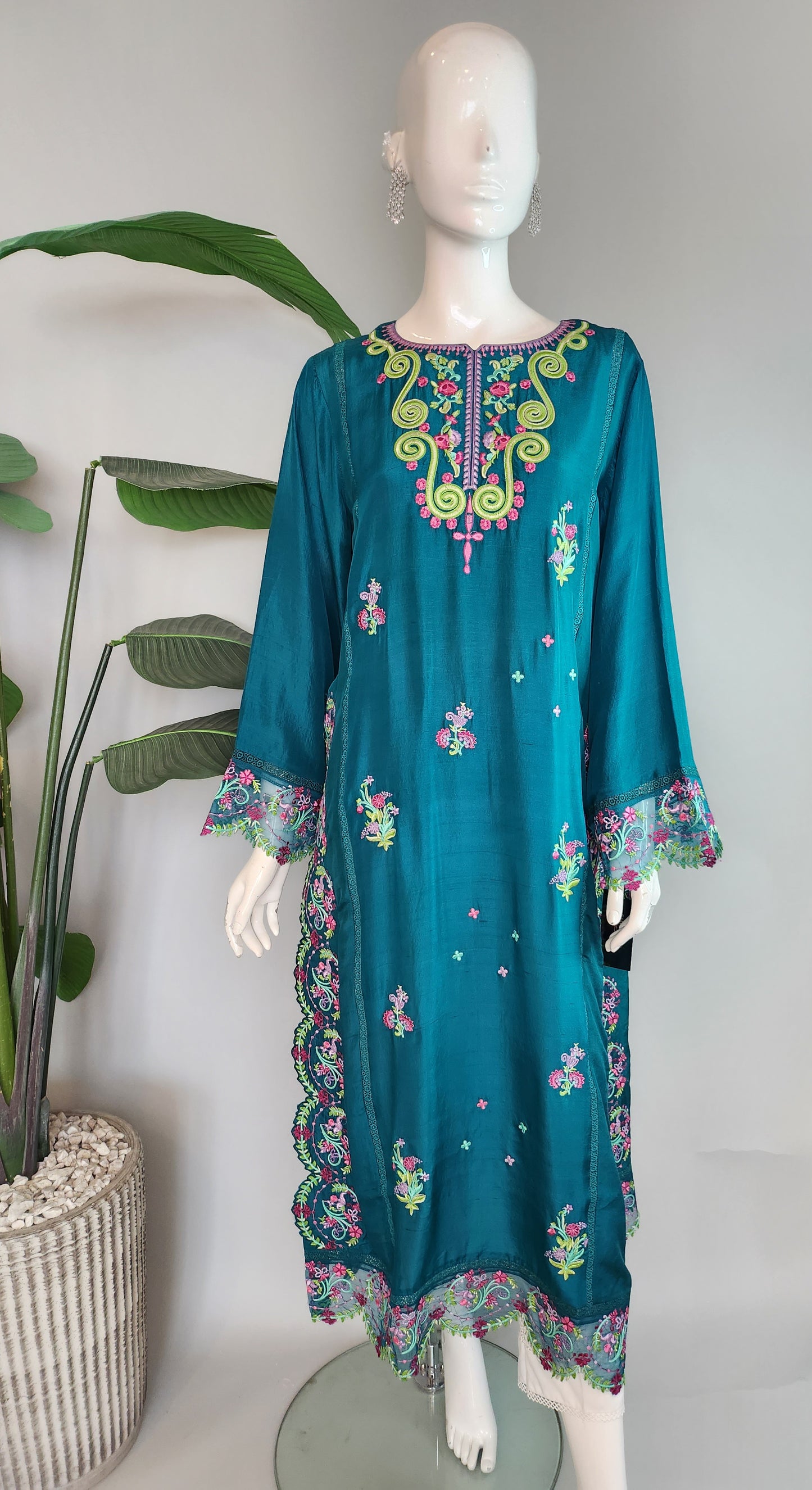 SARAH SHEERAZ - Teal Green with multi color embro
