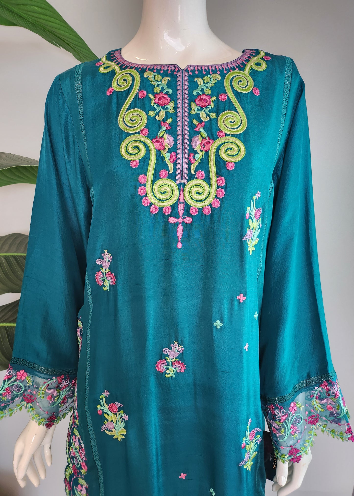 SARAH SHEERAZ - Teal Green with multi color embro