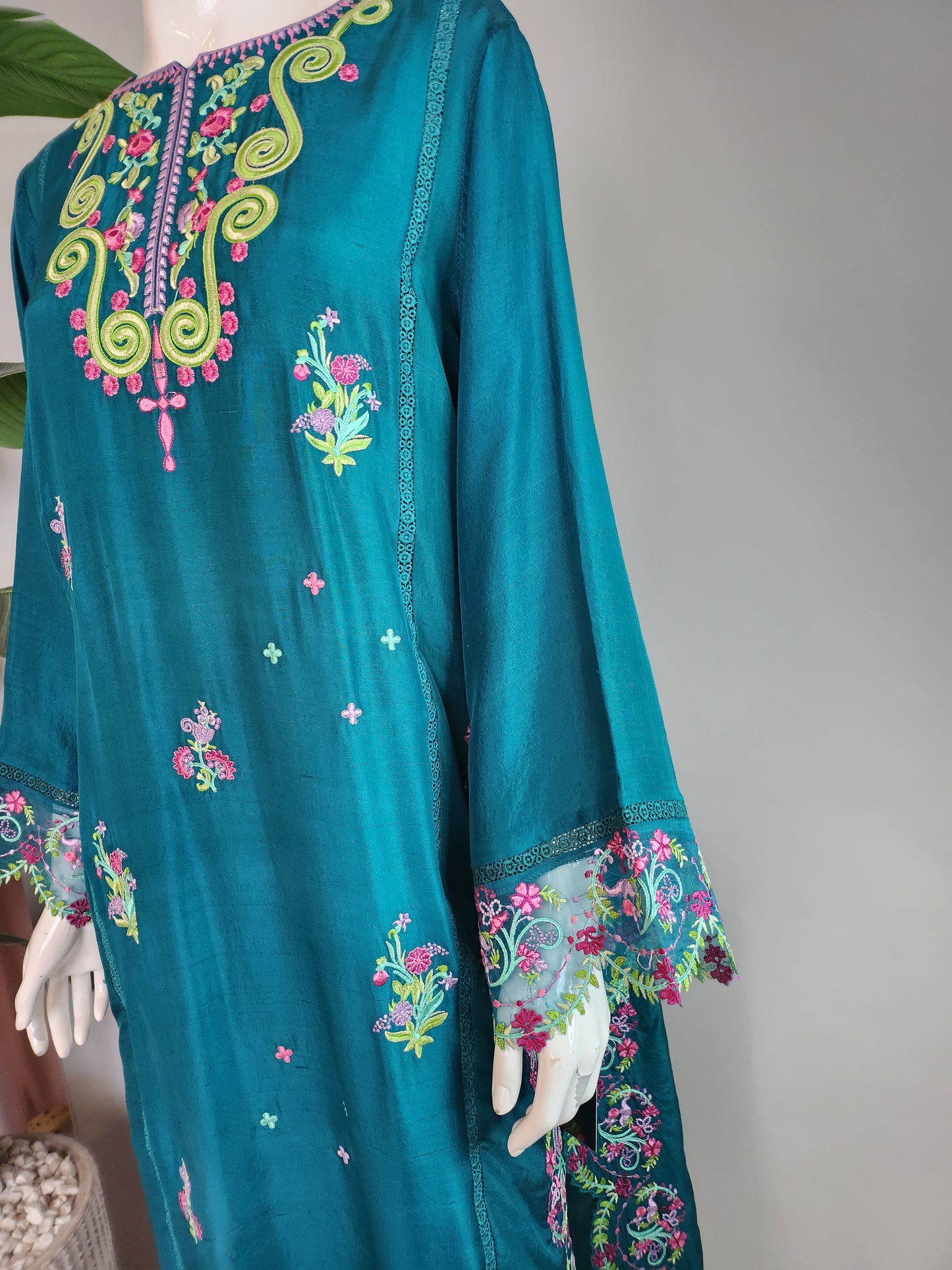 SARAH SHEERAZ - Teal Green with multi color embro