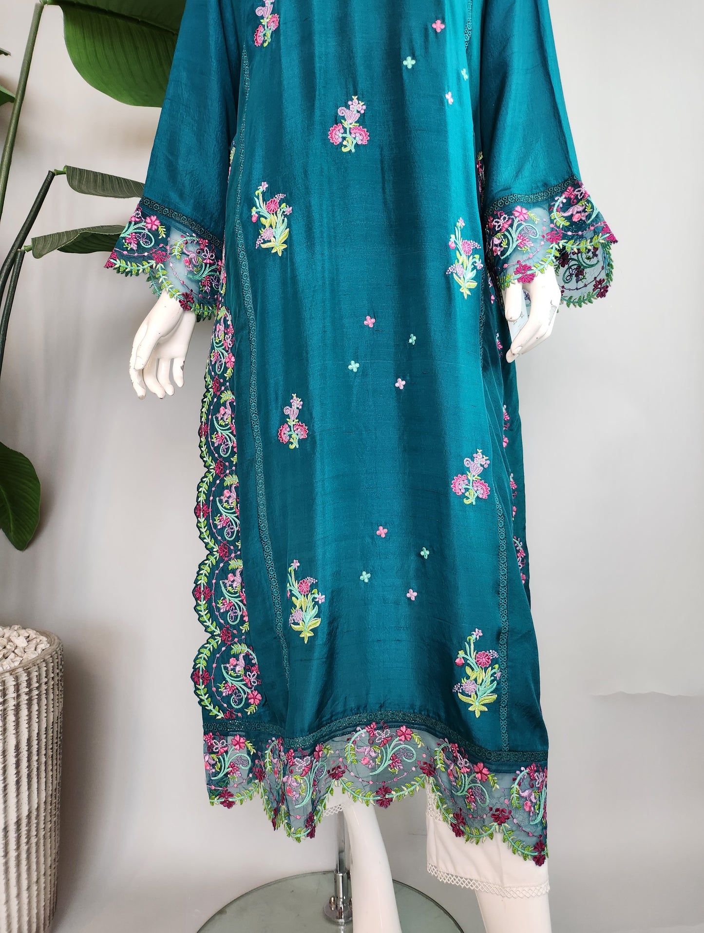 SARAH SHEERAZ - Teal Green with multi color embro