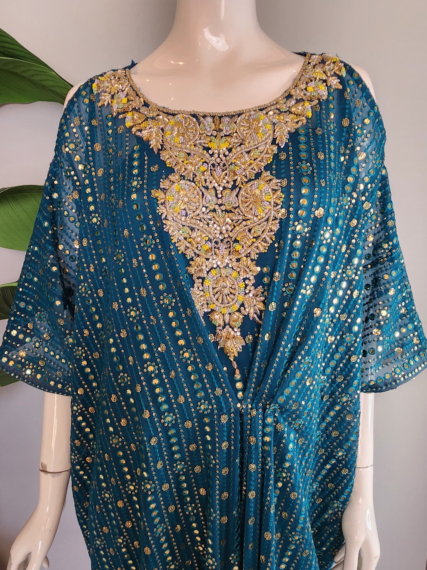 HOUSE OF REINA - Teal Chikan Kari Kaftan