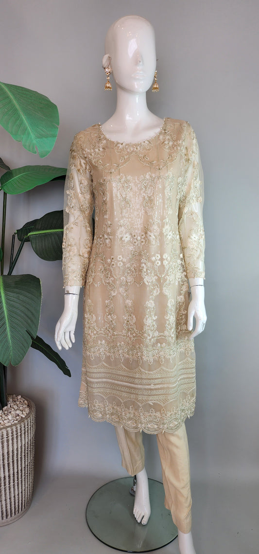 THREADS AND MOTIFS - Beige Embroidered Net Sequence