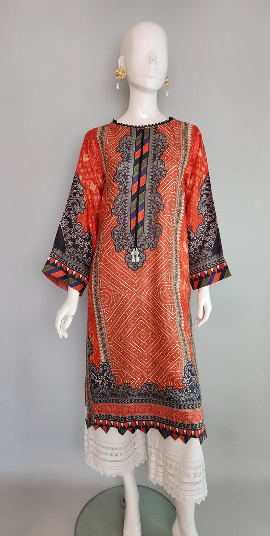 THREADS AND MOTIFS - Orange with black short Kurta