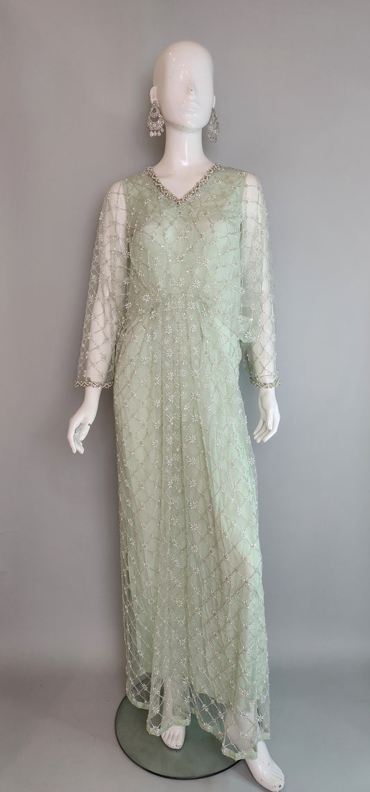 THREADS AND MOTIFS - Light Green Crisscross Beads Kaftan
