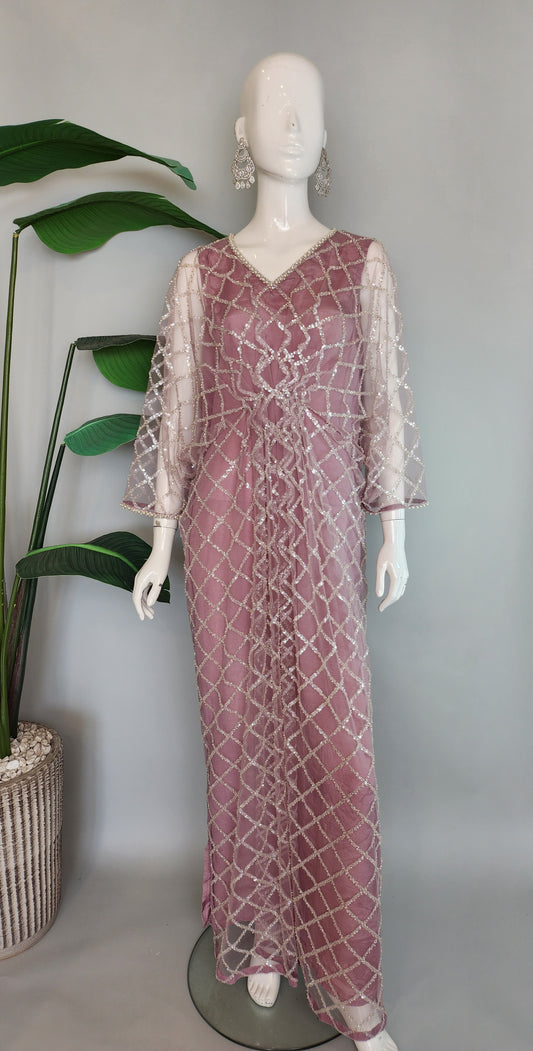 THREADS AND MOTIFS - Old Rose Crisscross Beads Kaftan