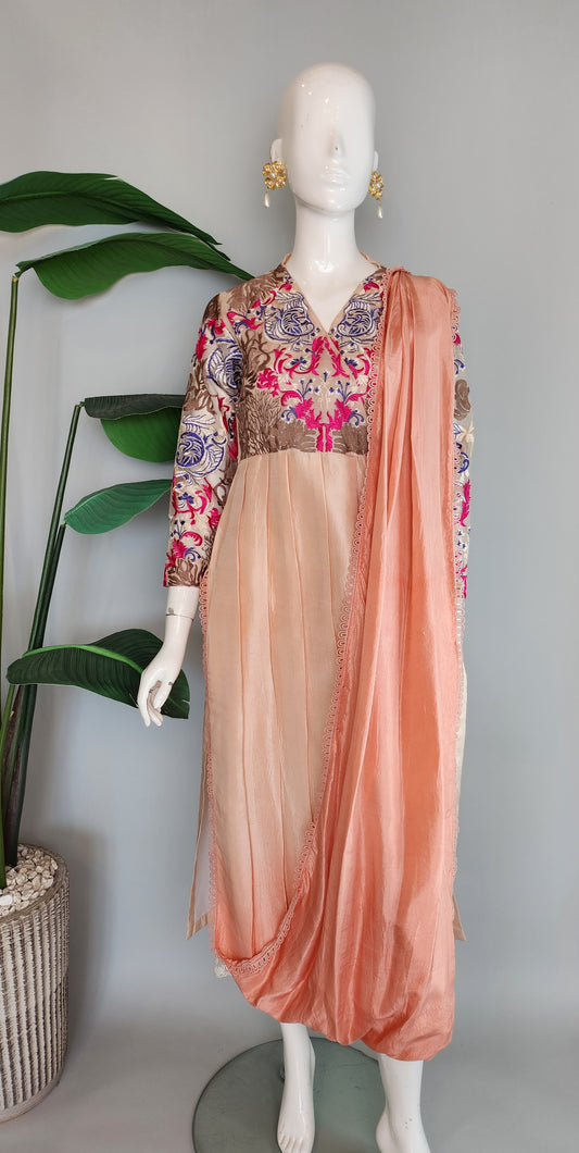 SARAH SHEERAZ - Peach Embroidered with Attach Dupatta