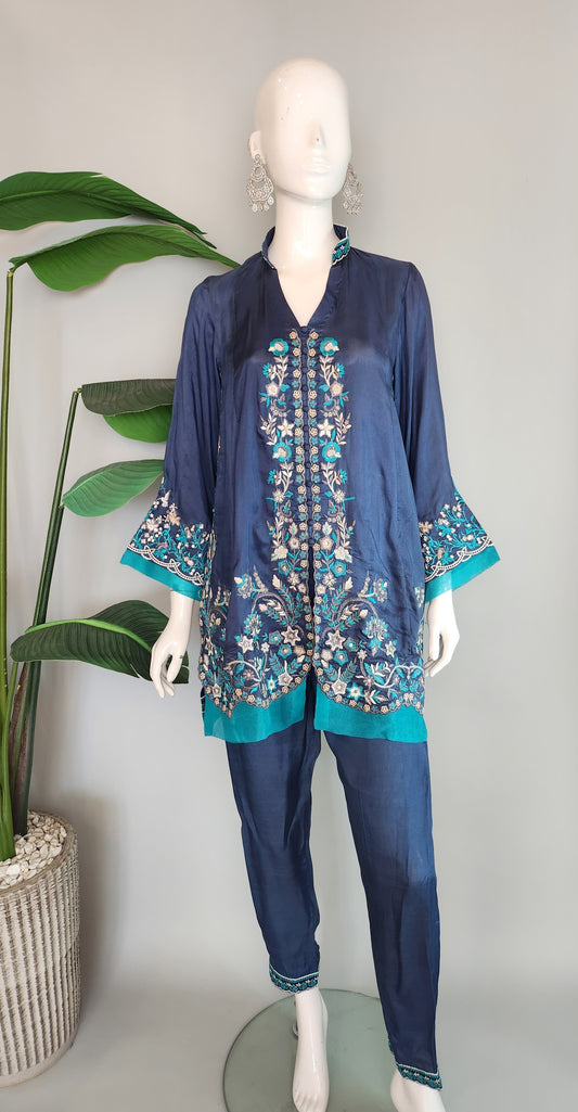 SARAH SHEERAZ - Blue Embroidered Coord Set