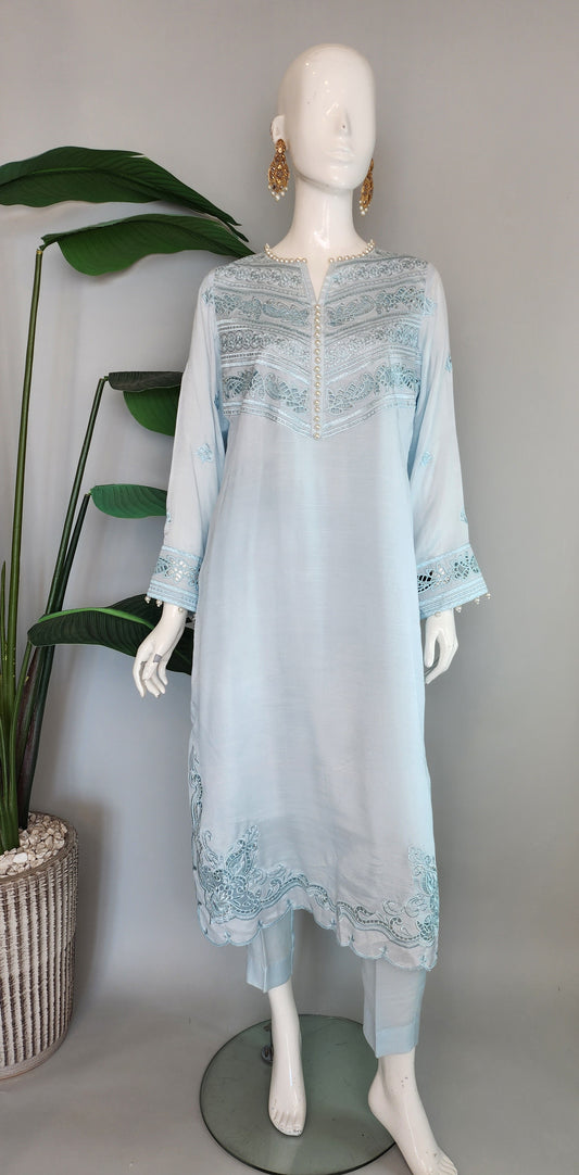 MARIA RAO - Sky Blue Suit Cutwork