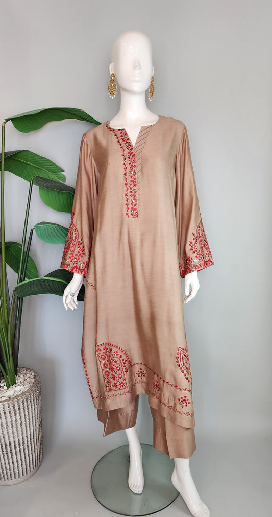 SEEMA IFTIKHAR - Beige with red machine embroidery