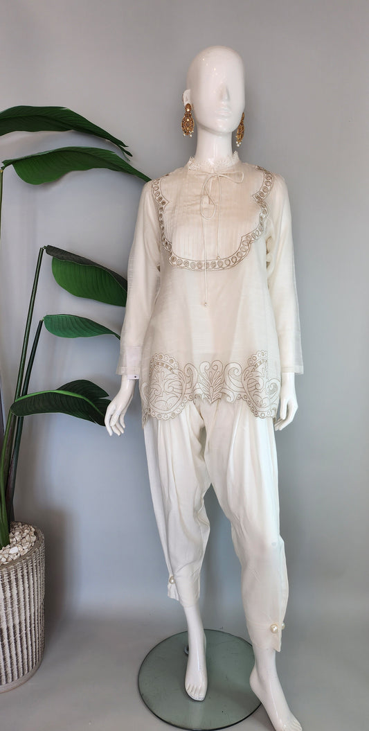 ALEENA FAREENA - White Organza Pleated Neck