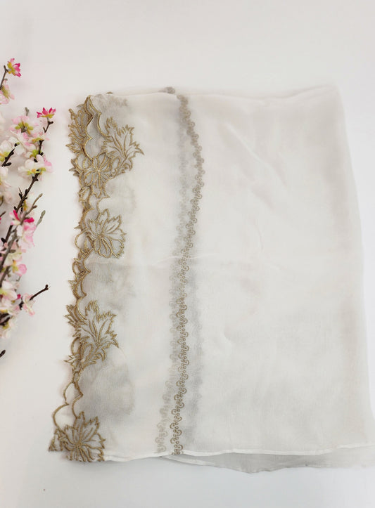 SABEEN MANEKIA - White  gold chiffon embroidery dupatta