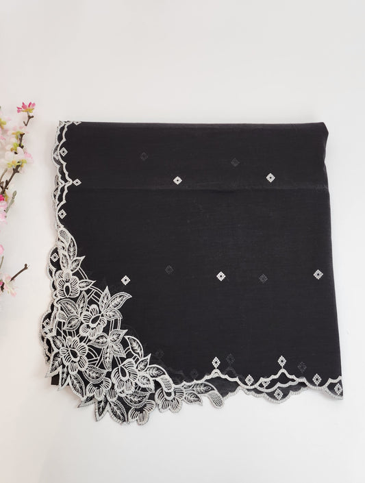 SABEEN MANEKIA - Black and White- Cotton Lawn Dupatta with Cutwork