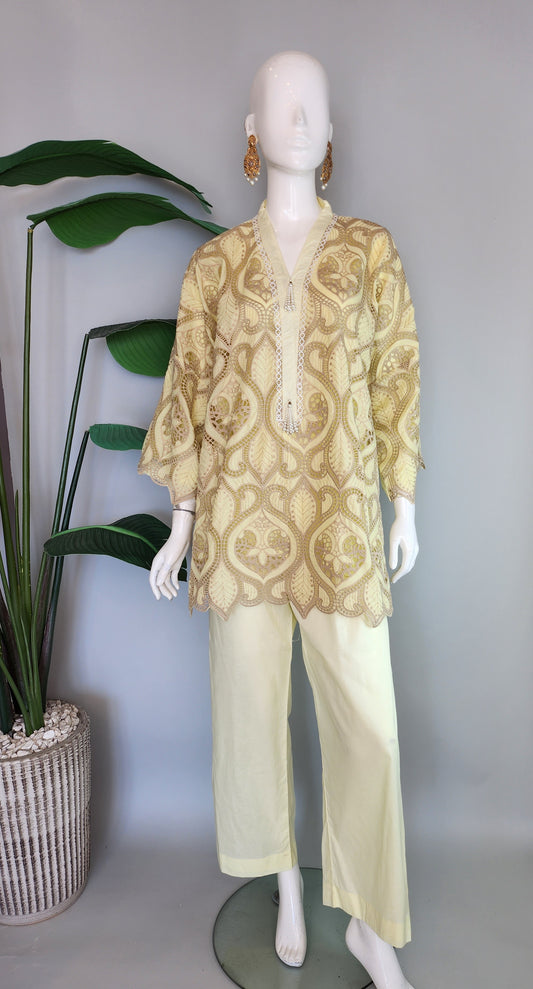 Wajeeha Ansari - Lime with beige cutwork