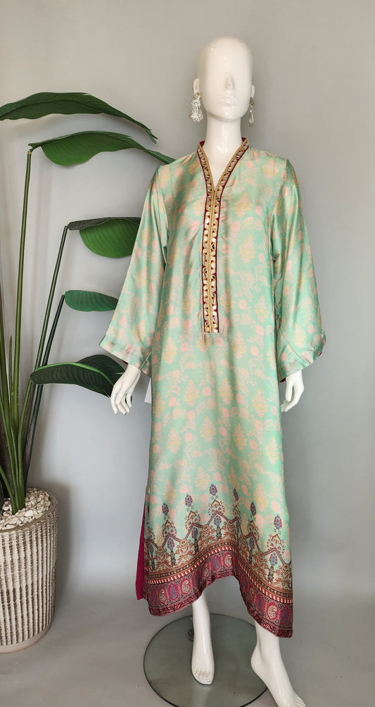 Wajeeha Ansari - Mint Green Printed Silk Kaftan