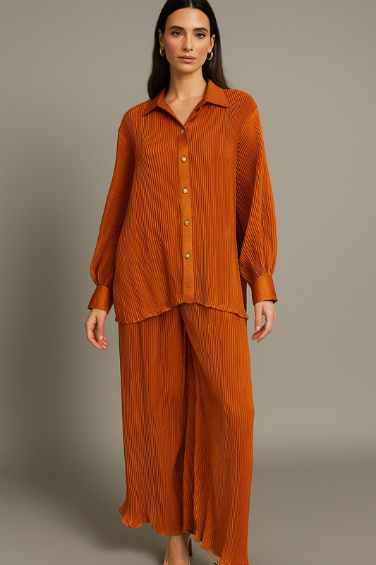 Hafsa Malik - Burnt Orange Crinkle Silk Coord Set