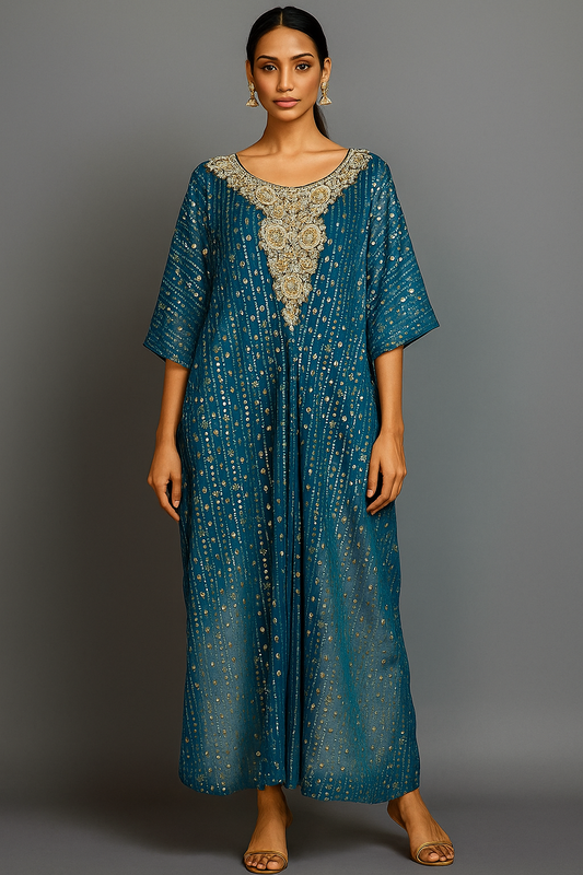 HOUSE OF REINA - Teal Chikan Kari Kaftan