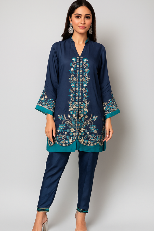 SARAH SHEERAZ - Blue Embroidered Coord Set