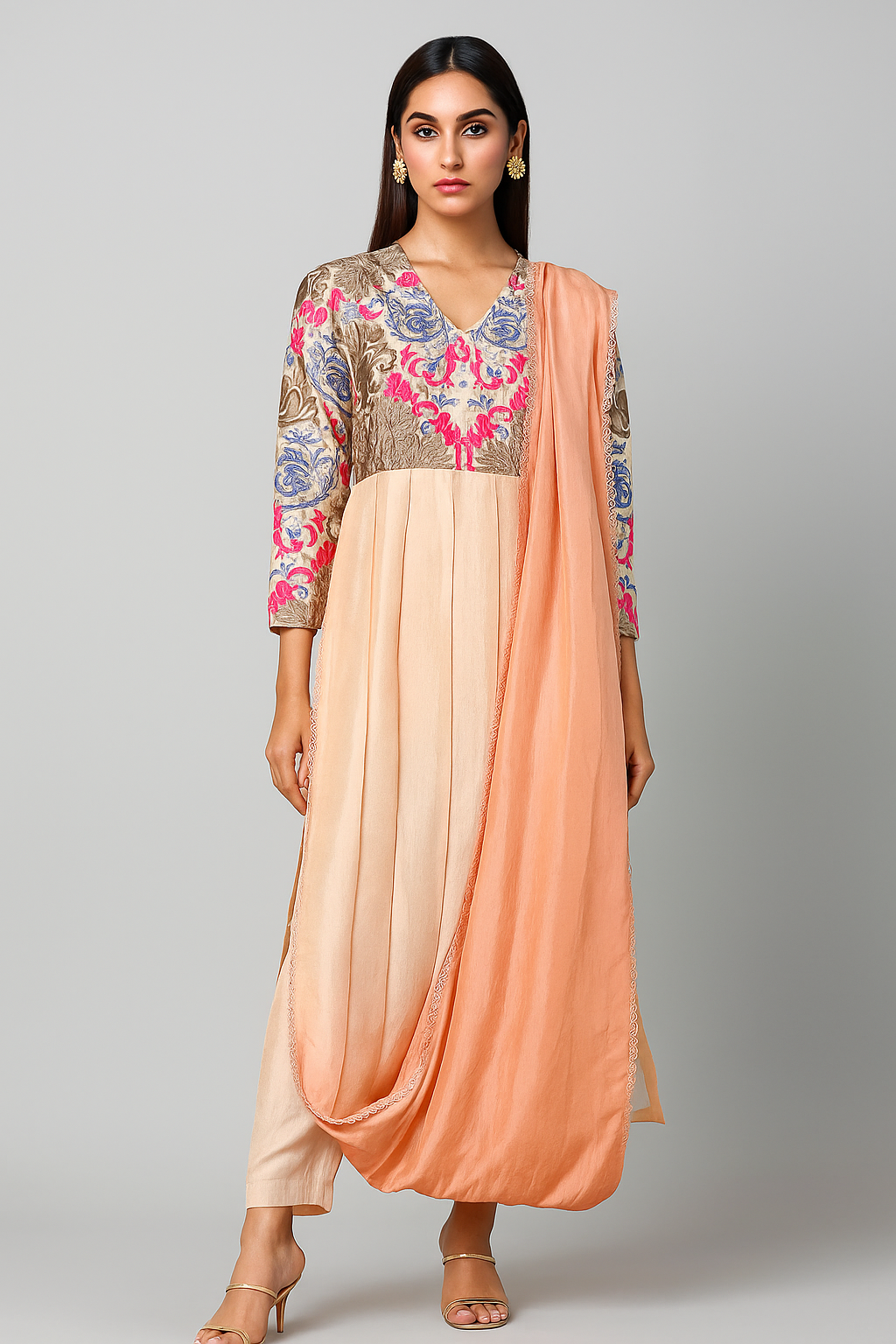 SARAH SHEERAZ - Peach Embroidered with Attach Dupatta