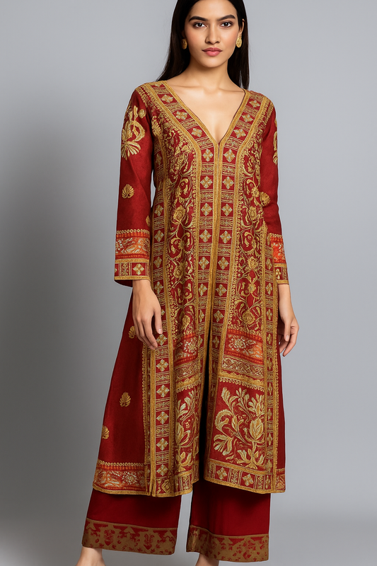 SARAH SHEERAZ - Red Printed Front Open