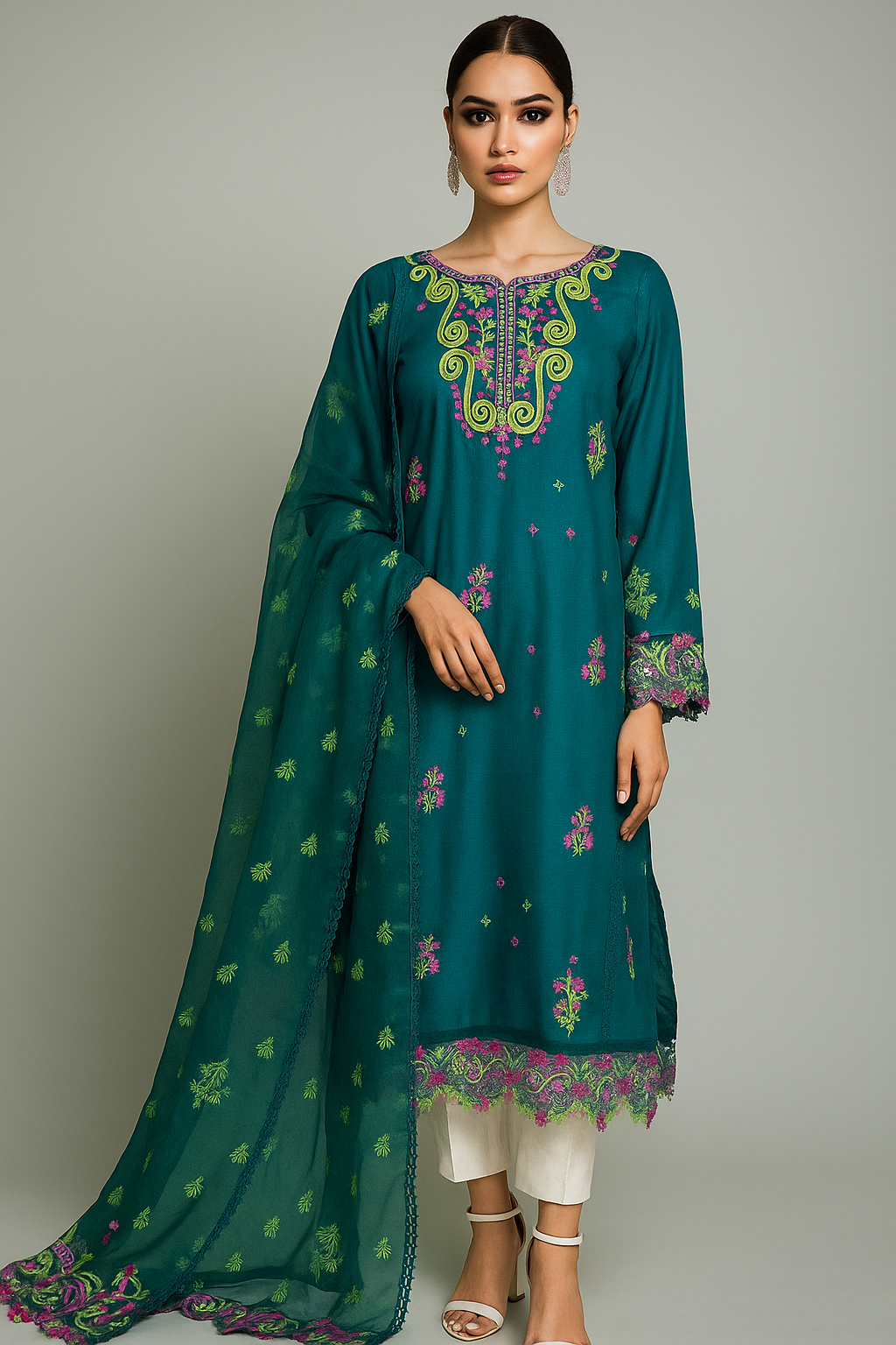 SARAH SHEERAZ - Teal Green with multi color embro