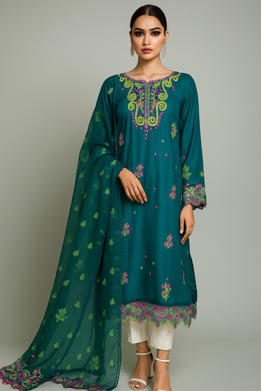 SARAH SHEERAZ - Teal Green with multi color embro