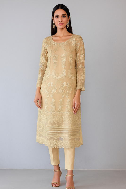THREADS AND MOTIFS - Beige Embroidered Net Sequence