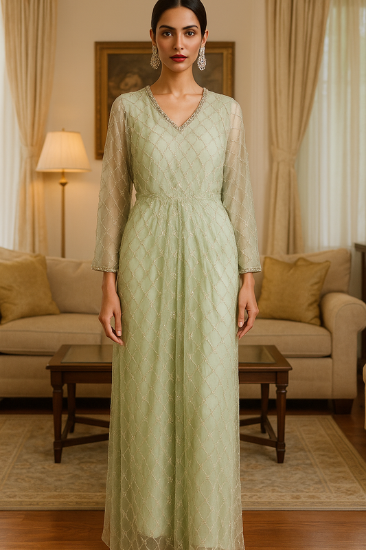 Threads & Motifs - Light Green Crisscross Beads PearlKaftan