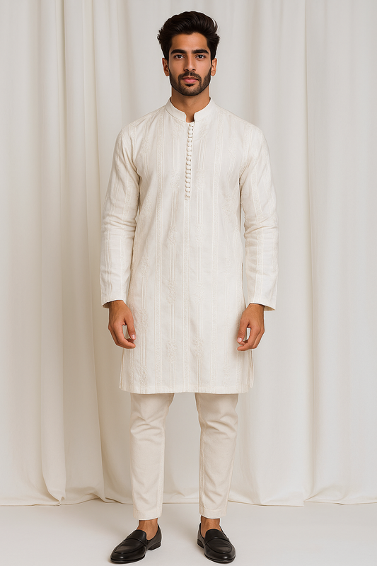KUNZUL CHANNAR MENSWEAR - White Embroidered Top