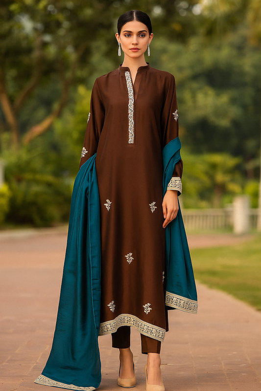 AMNA IQBAL - Brown with Teal Green Dupatta