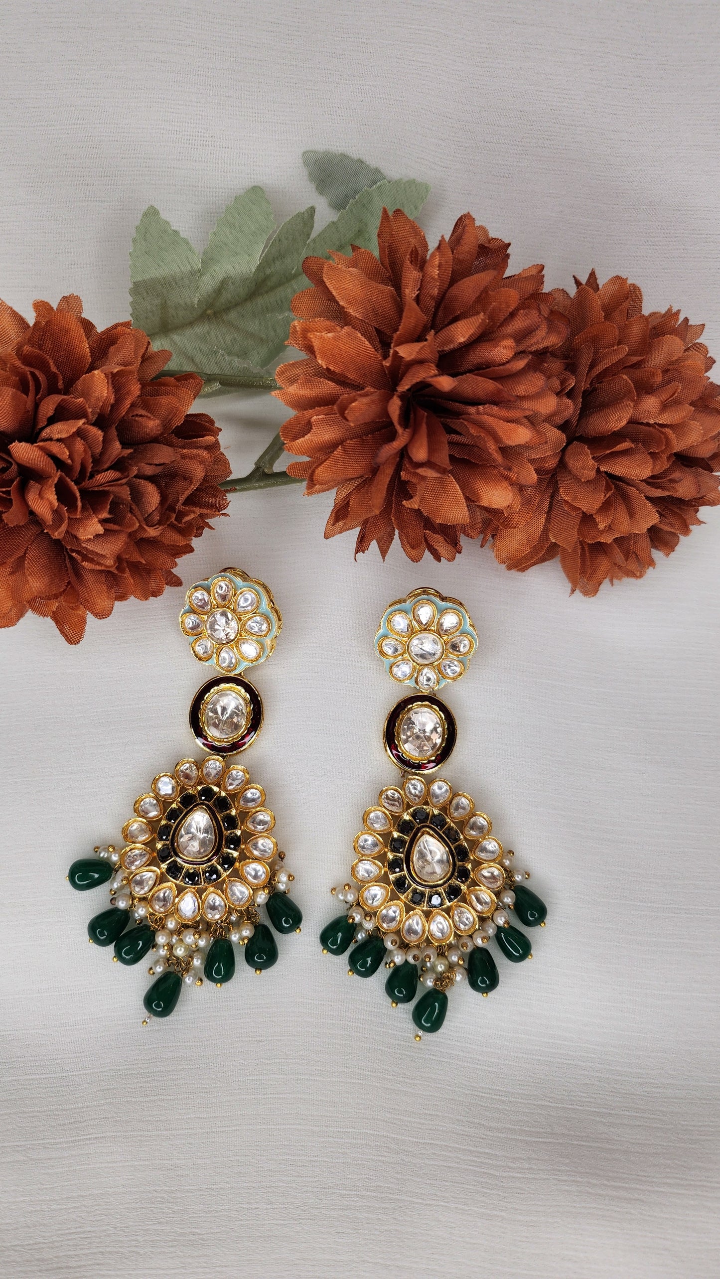Dahlia by Sehar Zafar - Floral Kundan with Green Dangling Stone Earrings