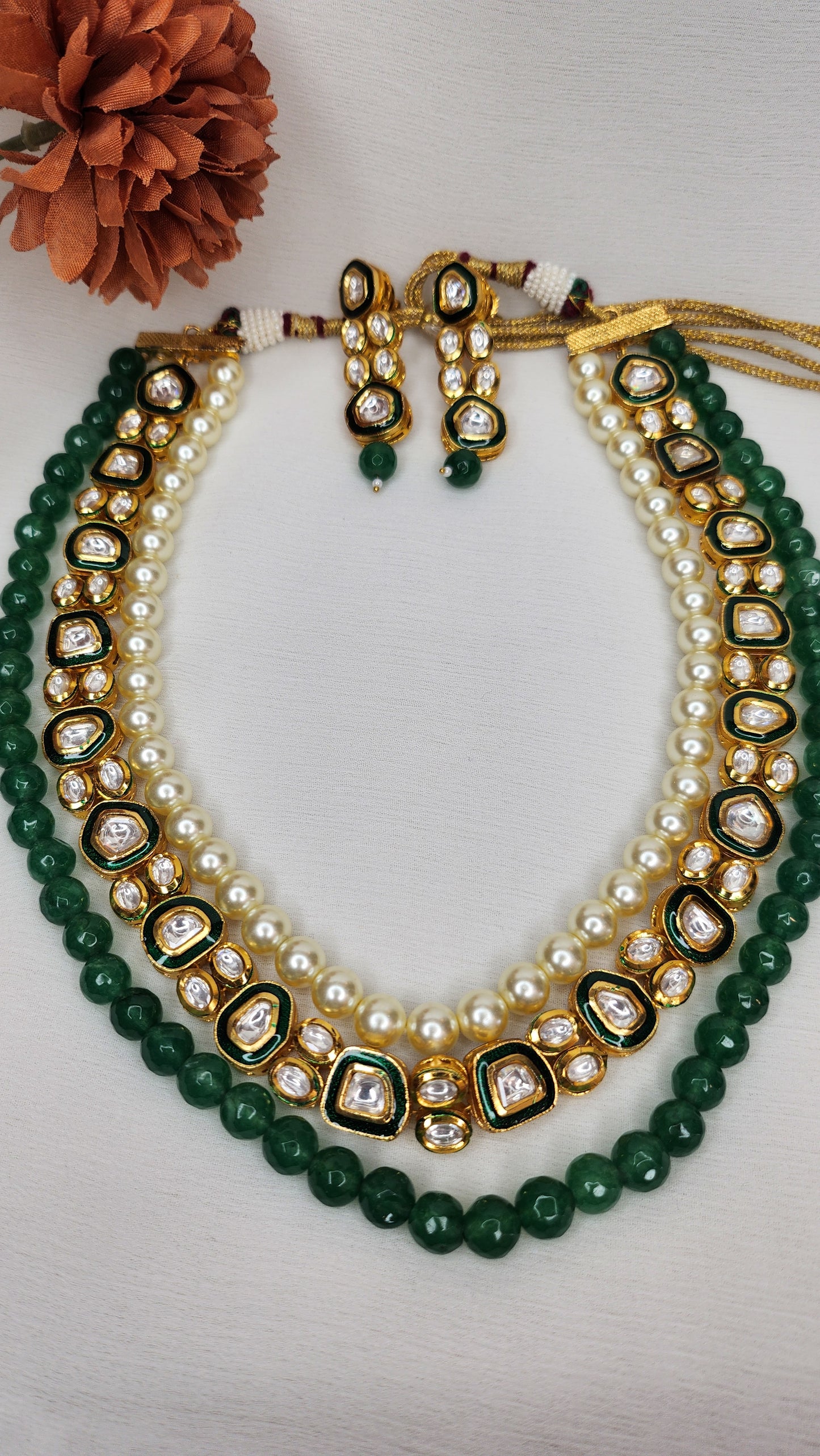 VIVINIA By Vidhi Mehra - 3 Layer Necklace Kundan, Pearl and Green Set