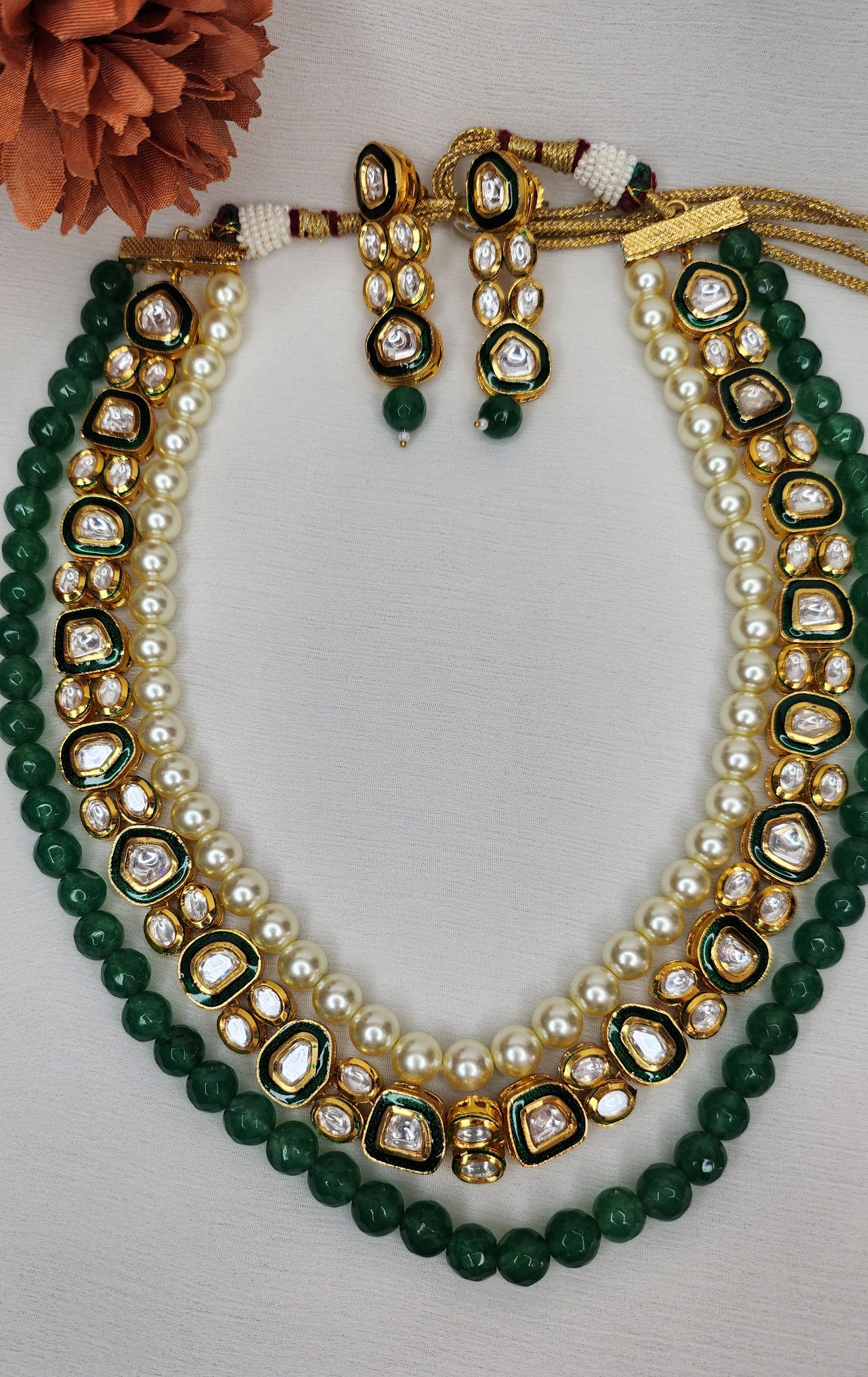VIVINIA By Vidhi Mehra - 3 Layer Necklace Kundan, Pearl and Green Set