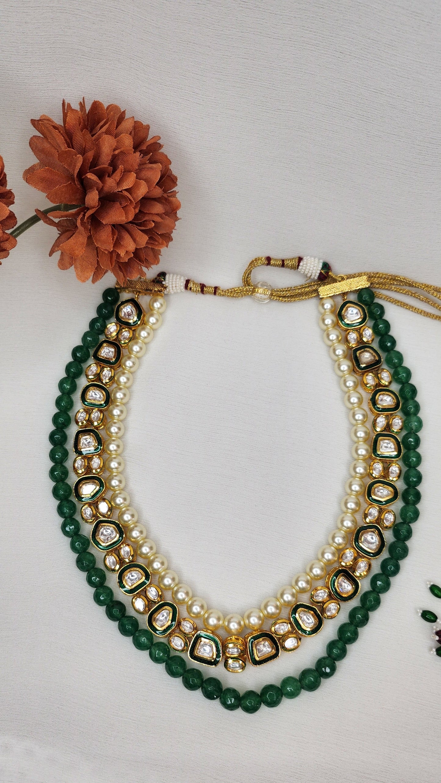 VIVINIA By Vidhi Mehra - 3 Layer Necklace Kundan, Pearl and Green Set