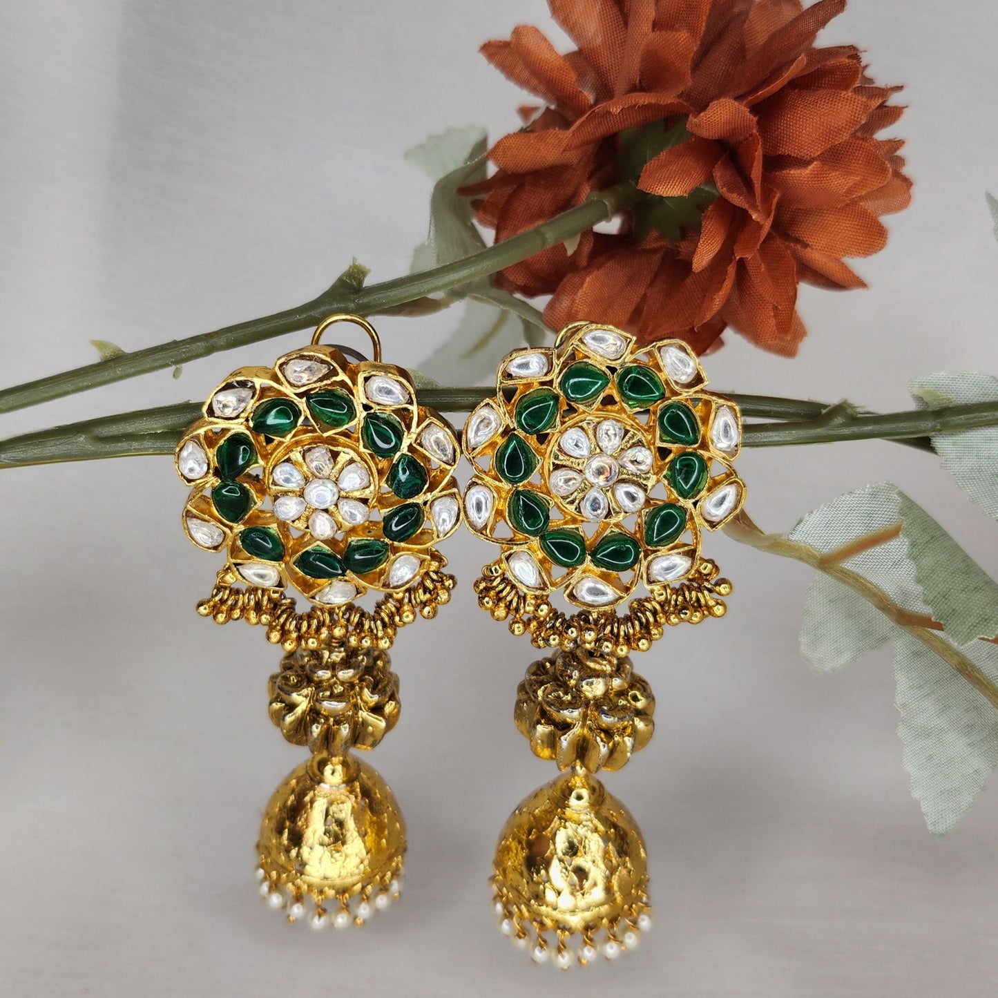 VIVINIA By Vidhi Mehra - Flower Kundan and Green Earrings