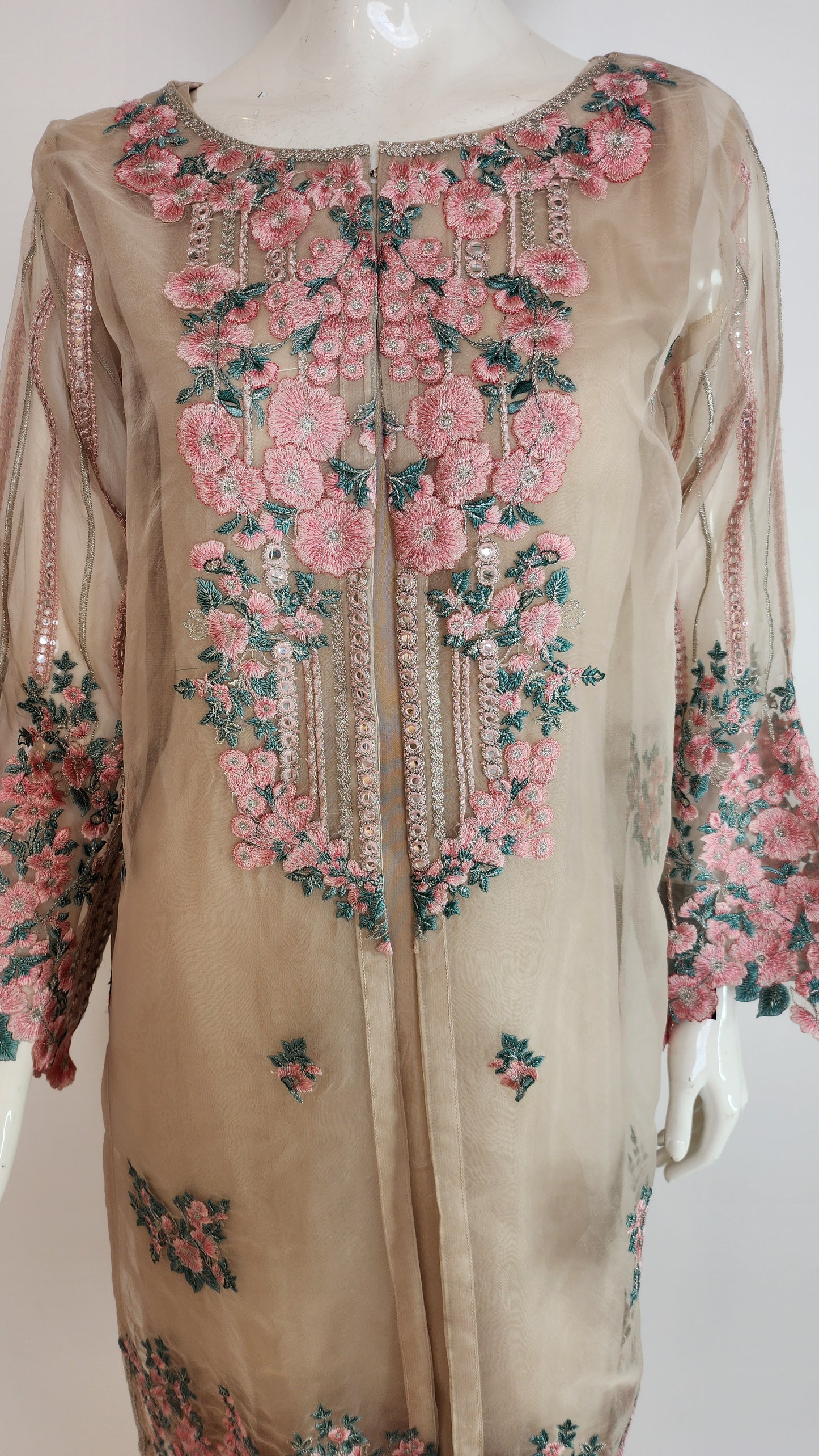 THREADS AND MOTIFS - Beige  with pink floral embroidery