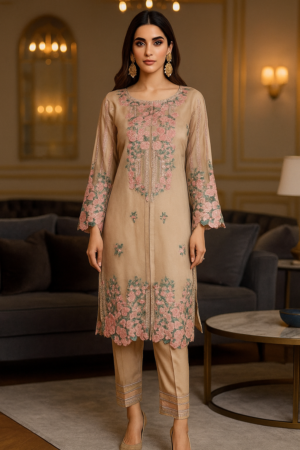 THREADS AND MOTIFS - Beige  with pink floral embroidery