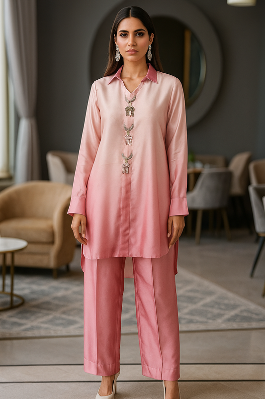 ASHJAIN SAFWAN  - Blush Pink Shaded Set with collar