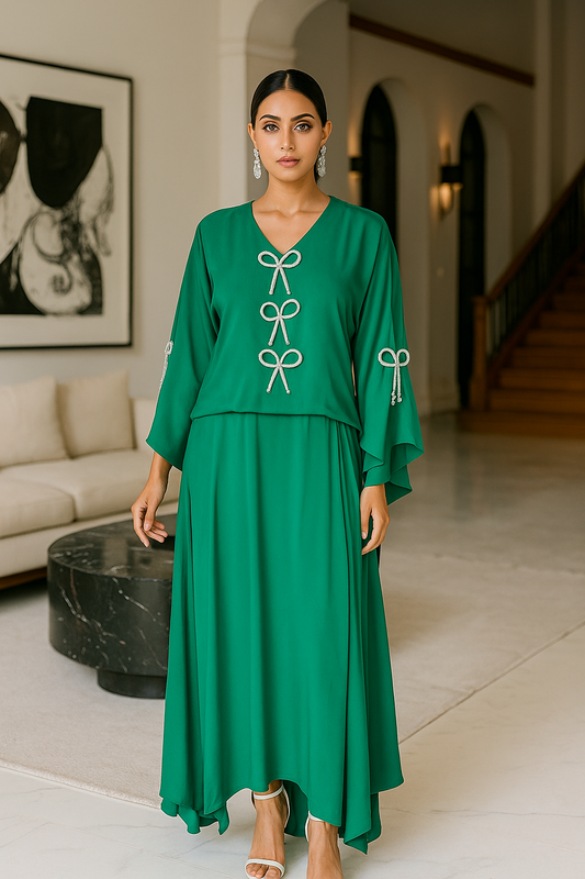 MARIA RAO - Green Kaftan with silver Ribbon