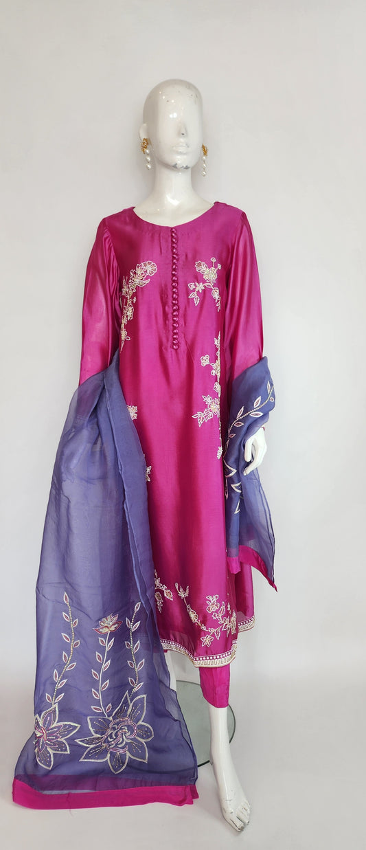 MAHOGANY - Shocking Pink with Light Blue Dupatta