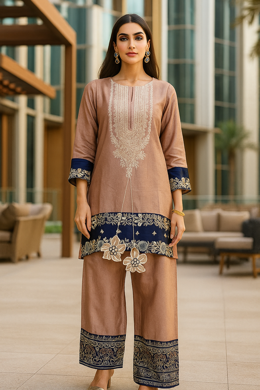 FARAH ZUBAIR - Brown with blue embroidered
