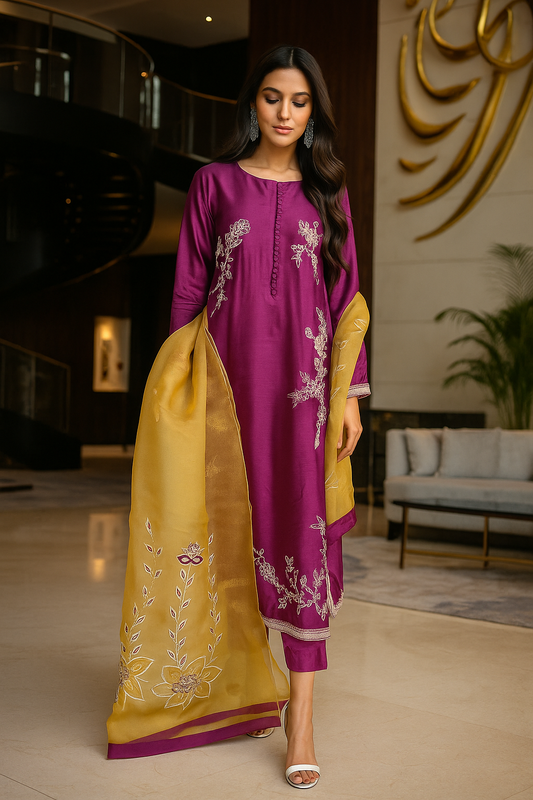 MAHOGANY - Fuchsia Pink with Yellow Dupatta