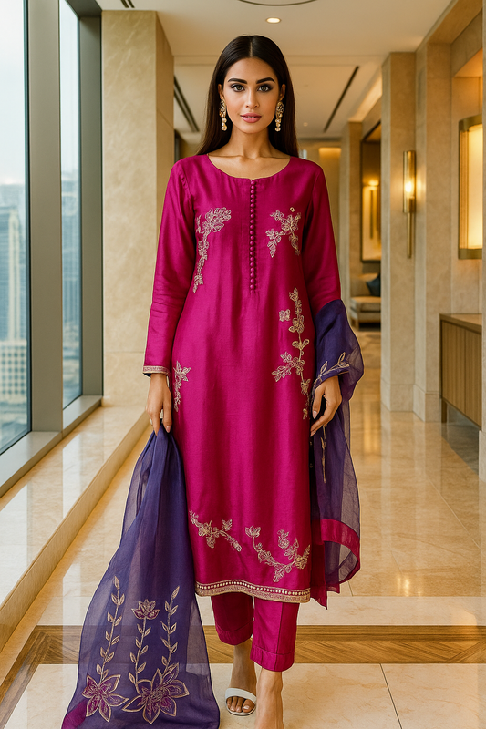 MAHOGANY - Shocking Pink with Light Blue Dupatta