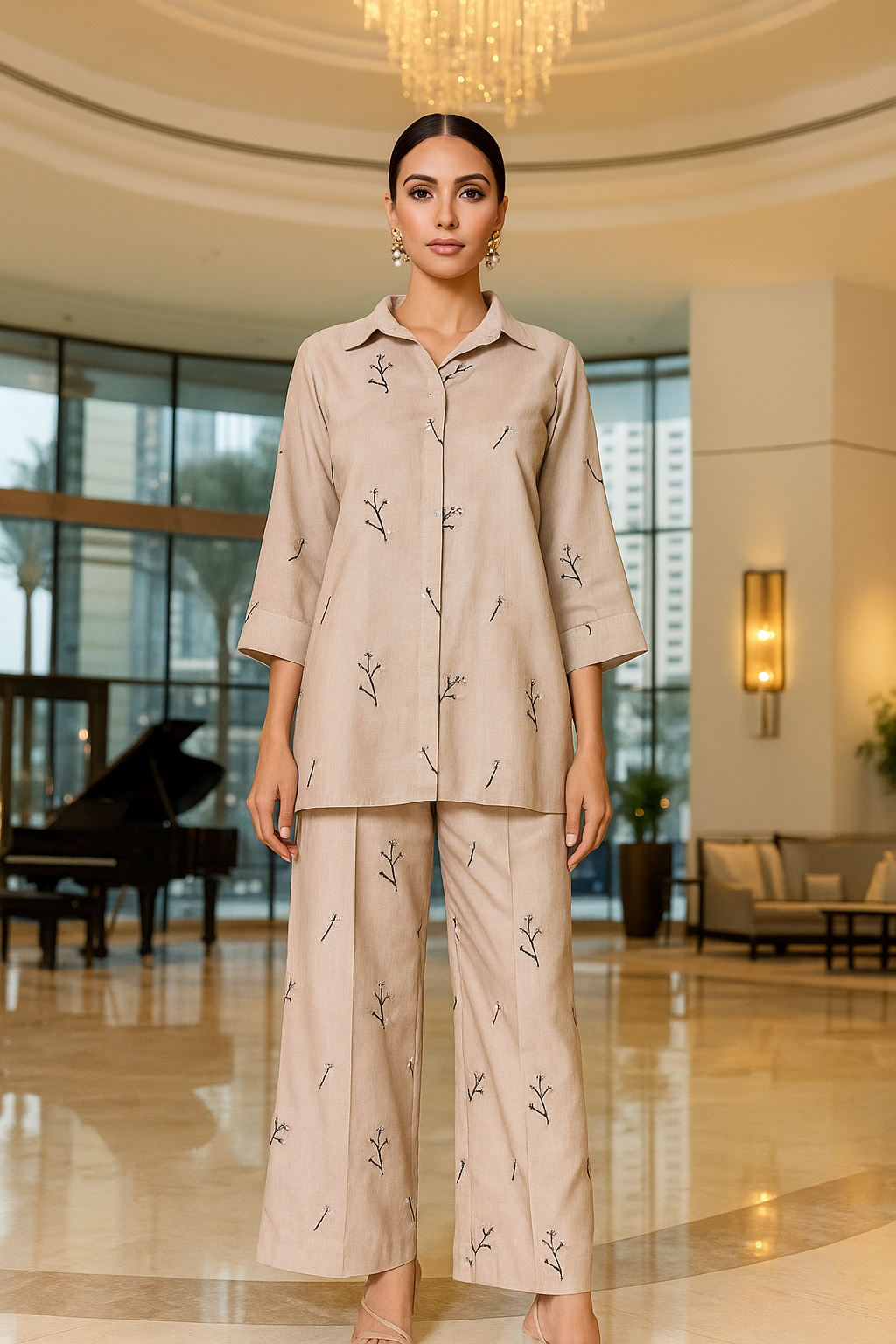 AMNA IQBAL - Beige Emb Coord Set