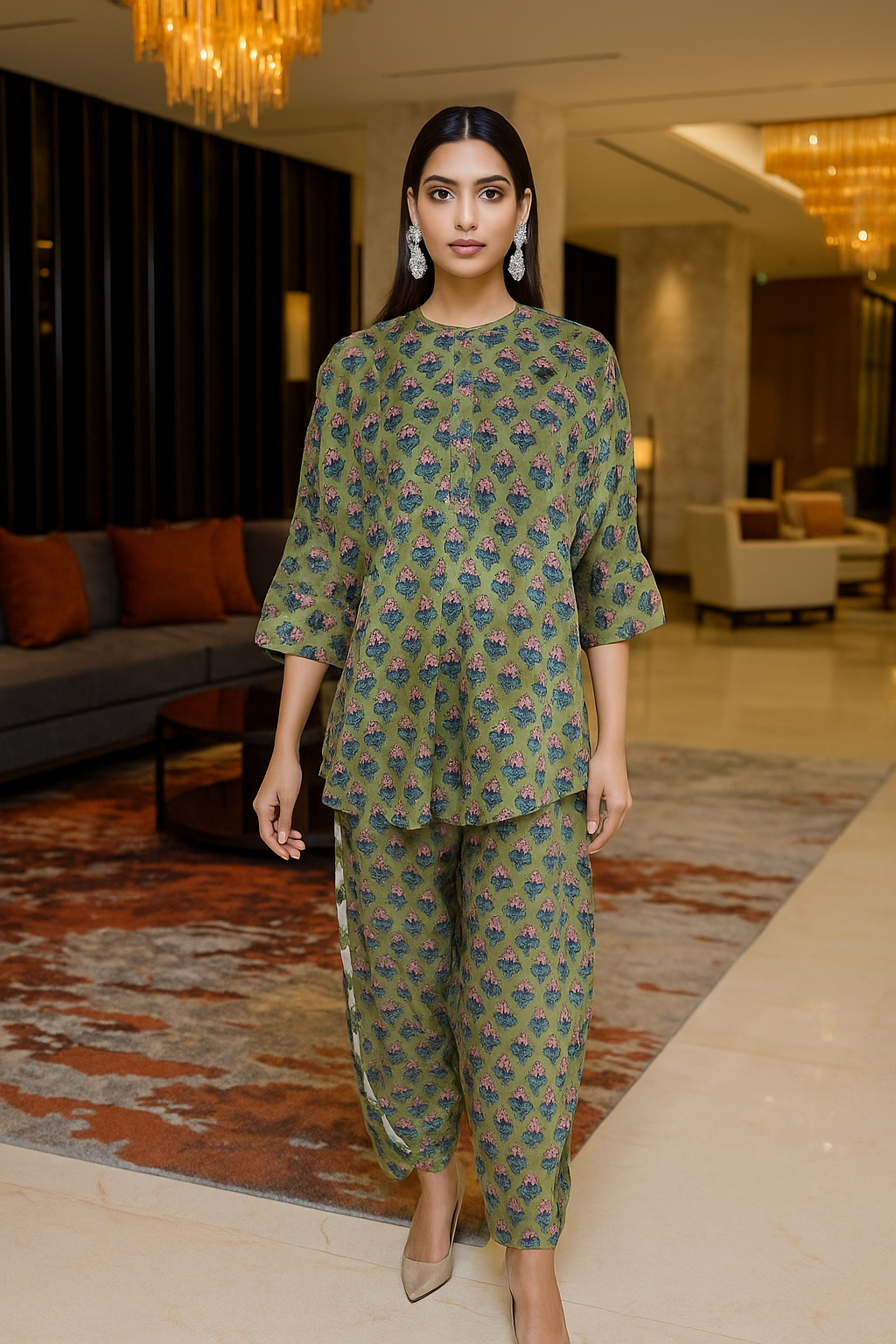 SOBIA GULZAD - Green Floral Block Print Coord Set