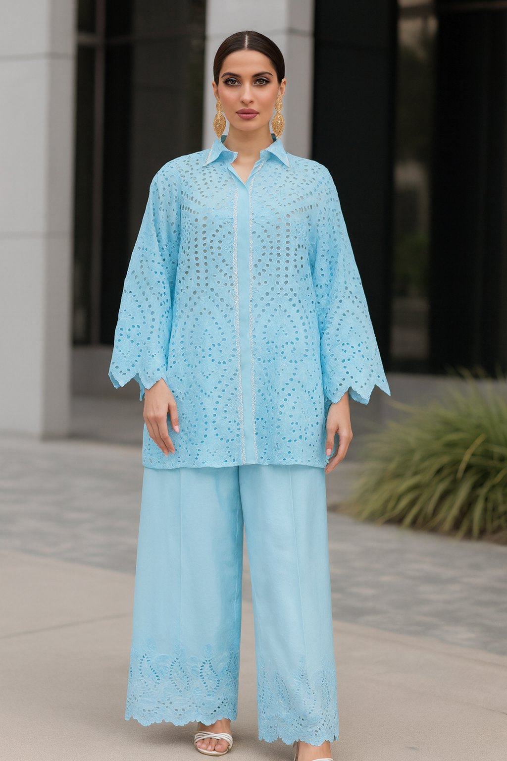 AMNA IQBAL - Sky Blue Chikan