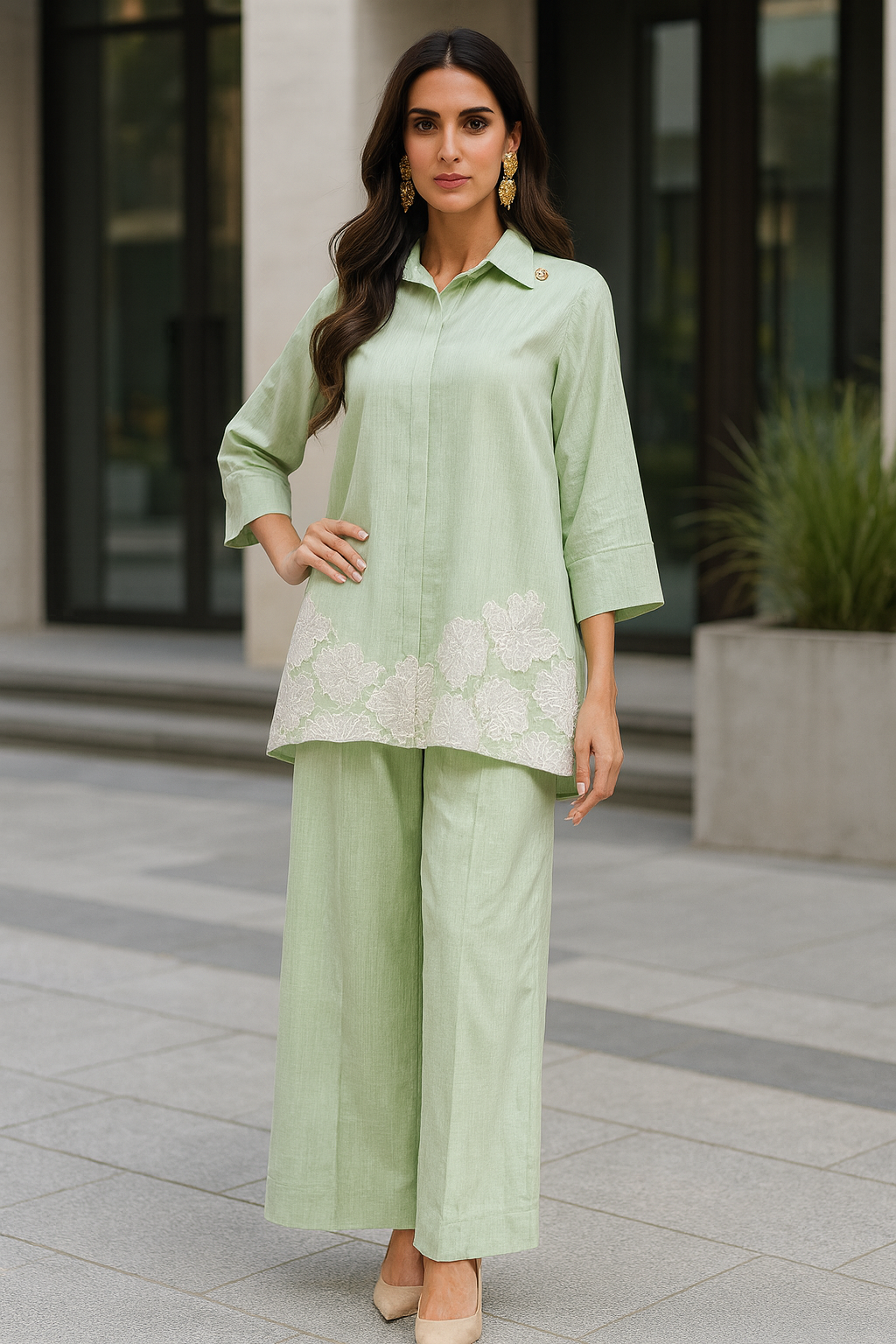 AMNA IQBAL - Mint Crochet Floral Border