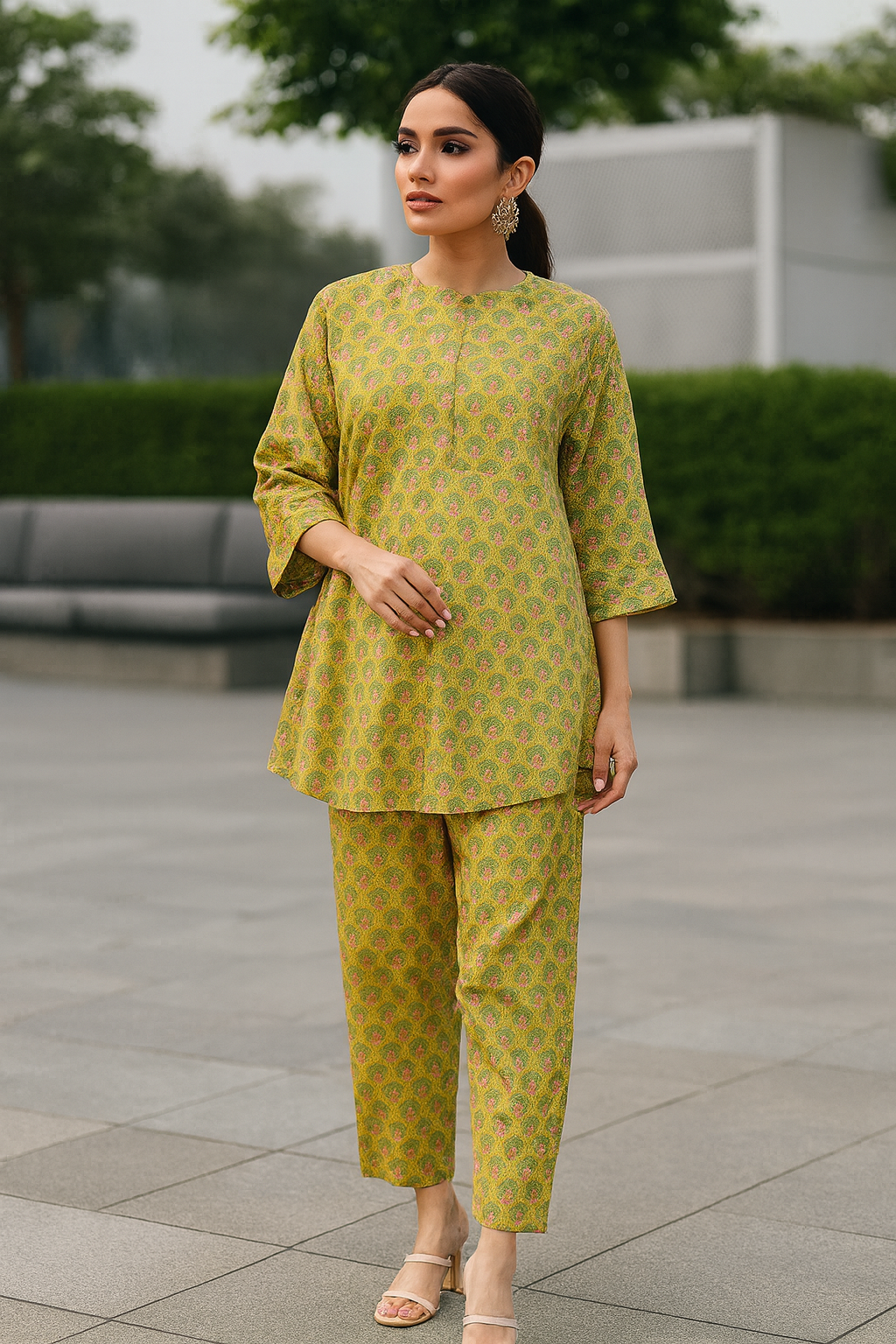 SOBIA GULZAD-Lime Green Floral Block Print Set