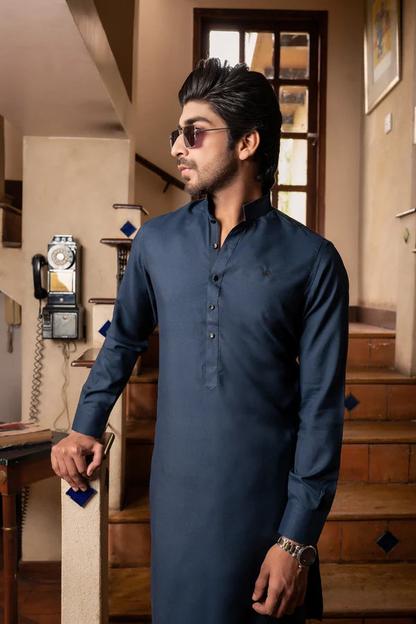 KUNZUL CHANNAR ( MENSWEAR ) - Navy Blue Mandarin Collar